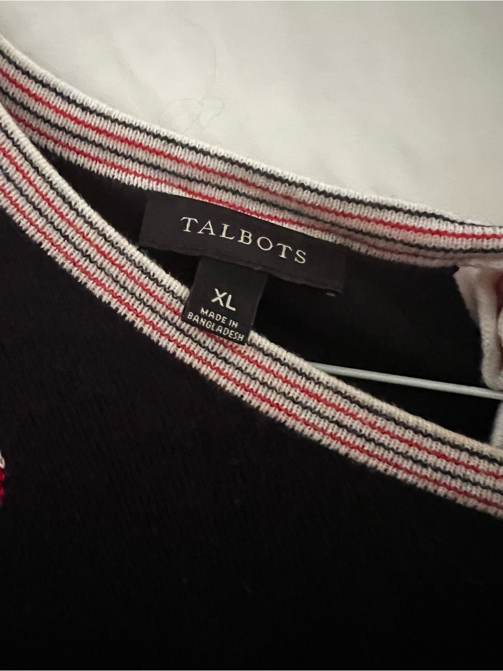 Talbots Dark Blue Crewneck Sweater with Red & White Stripe Trim